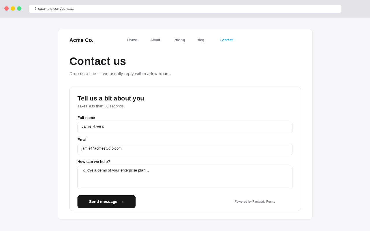 A Fantastic Forms form embedded on a published WordPress page